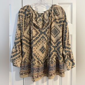 Ces Femme Tan Blouse with Pink and Blue Flowers